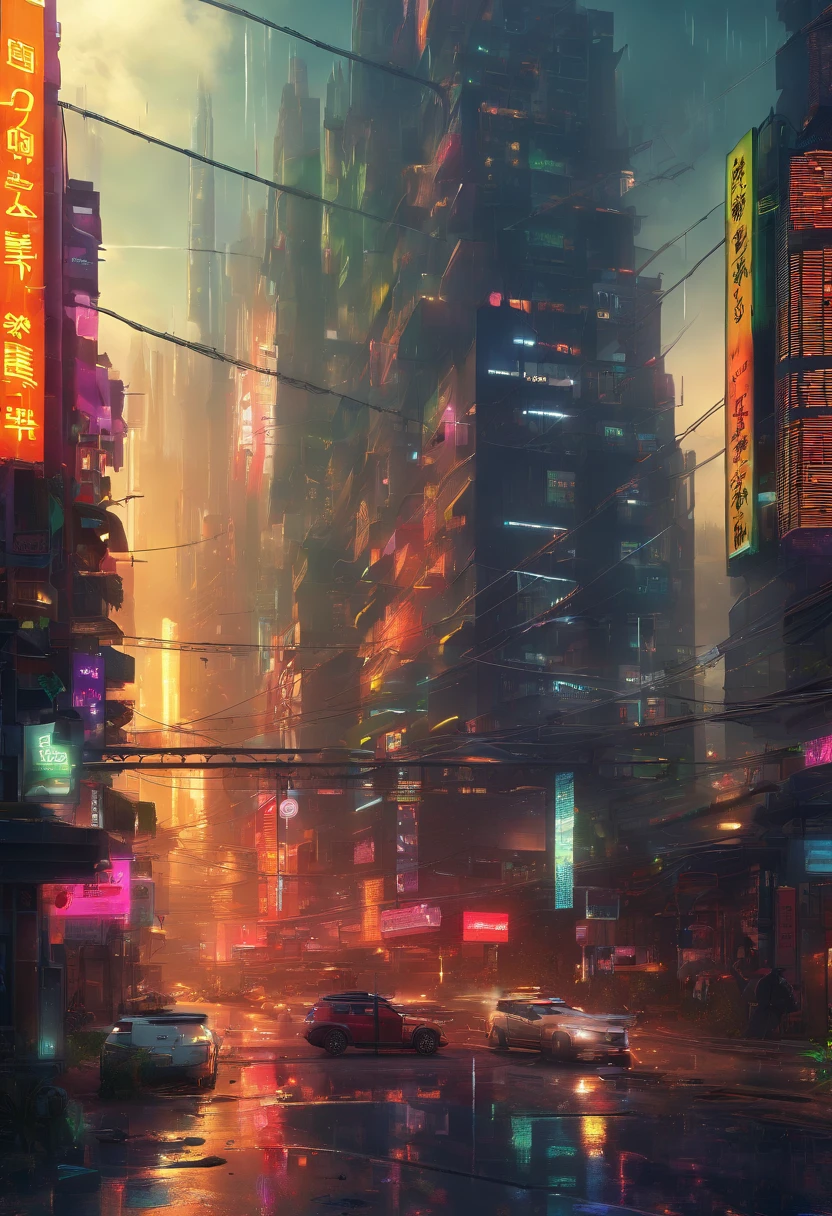 (best quality,4k,8k,highres,masterpiece:1.2),ultra-detailed,(realistic,photorealistic,photo-realistic:1.37),HDR,UHD,studio lighting,ultra-fine painting,sharp focus,physically-based rendering,extreme detail description,professional,vivid colors,bokeh,cyberpunk city,neon lights,glowing signs,futuristic skyscrapers,hovering vehicles,fast-paced urban life,dystopian atmosphere,hi-tech gadgets,urban decay,gritty streets,reflections on wet surfaces,glass and steel structures,holographic projections,colorful glow,electric blue and neon green color palette,synthetic materials,artificial intelligence,integrated neural implants,advanced robotics,high-tech surveillance systems,hovering drones,holographic interfaces,dark alleyways,dimly lit corners,blinking lights,sleek and streamlined designs,exaggerated perspective,imposing cityscape,nighttime setting,heavy rainfall,dense fog,mysterious figures in trench coats,smoky atmosphere,blurred motion,glitch effects,sound of distant sirens.