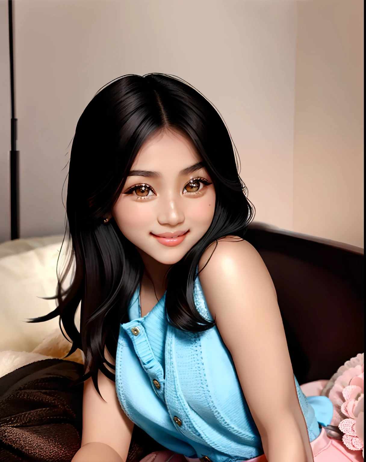 a close up of a woman with long black hair posing for a picture, young and cute girl, cute beautiful, with cute - fine - face, very beautiful girl, slight cute smile, she is about 1 6 years old, attractive girl, cute seductive smile, beautiful cute, a cute young woman, she has a cute face, wearing a cute top, cute young woman