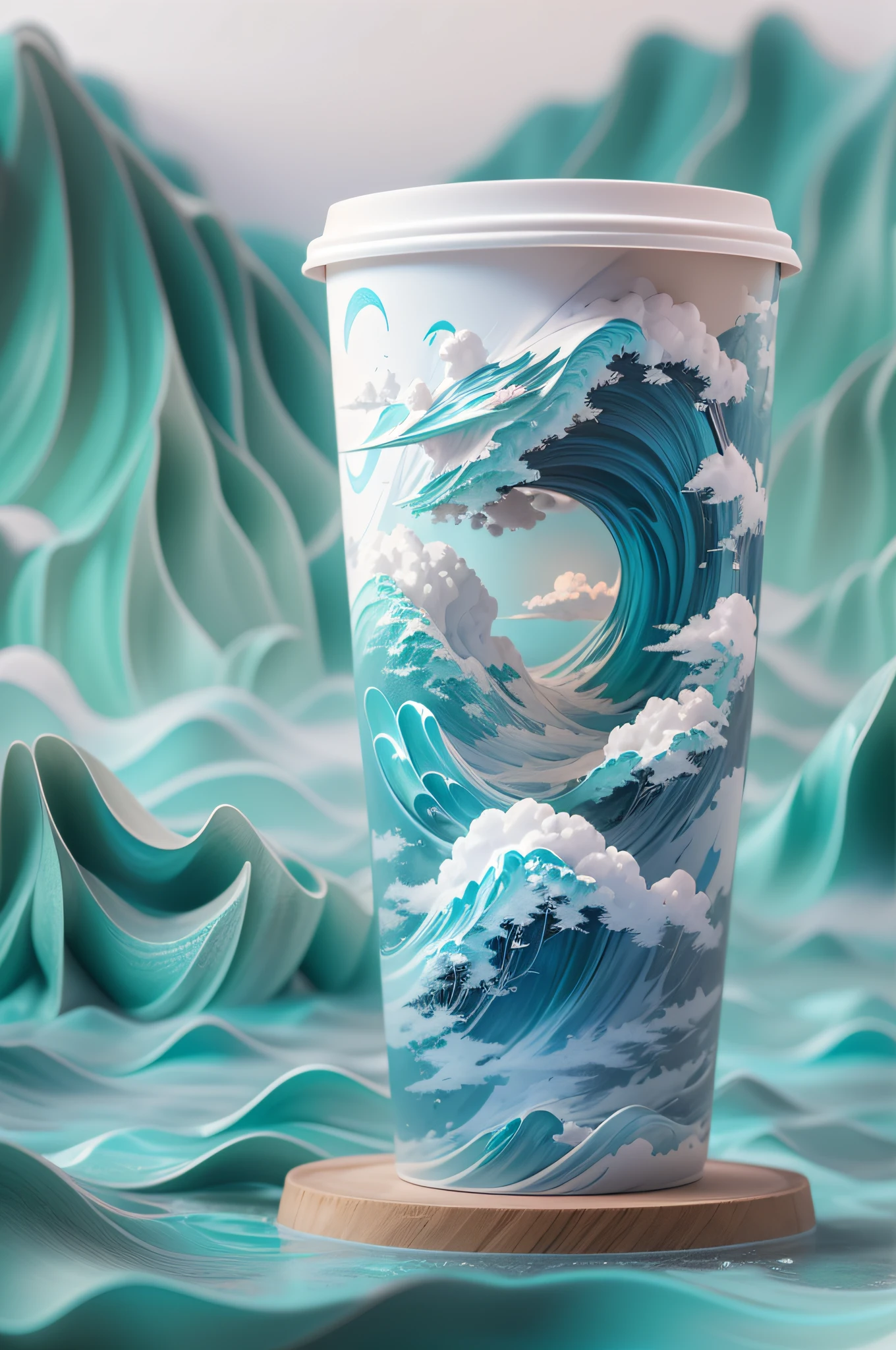 A huge Starbucks paper cup，The cup body is a 3D Chinese blue and white porcelain style wave engraving pattern，Surrounded by a sea of clouds，Surreal 3D landscape style，Miniatures，Milky transparent water，Chinese landscape painting，Chinese landscape painting of the Song Dynasty，Light white and light blue main colors，Surrealist dream style，Cream organic fluid，Ray tracing，ambient lights，Obscured，misterious，Natural soft light，Stony gray tones，Gel resin，3Drenderingof，C4D，oc rendered