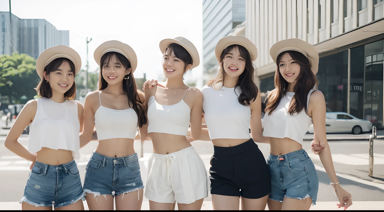 ((Best Quality, 8K, masutepiece: 1.3)), (Newsboy Hat: 1.3),Perfect Body Beauty: 1.4, (short-hair: 1.2)), (Stylish white café: 1.3), Highly detailed face and skin texture, Full body, Fine eyes, Double eyelids, Whitened skin, Long hair, (Round face: 1.5), (Loose crop top, Shorts: 1.6)、Smile with closed mouth、Group of 2