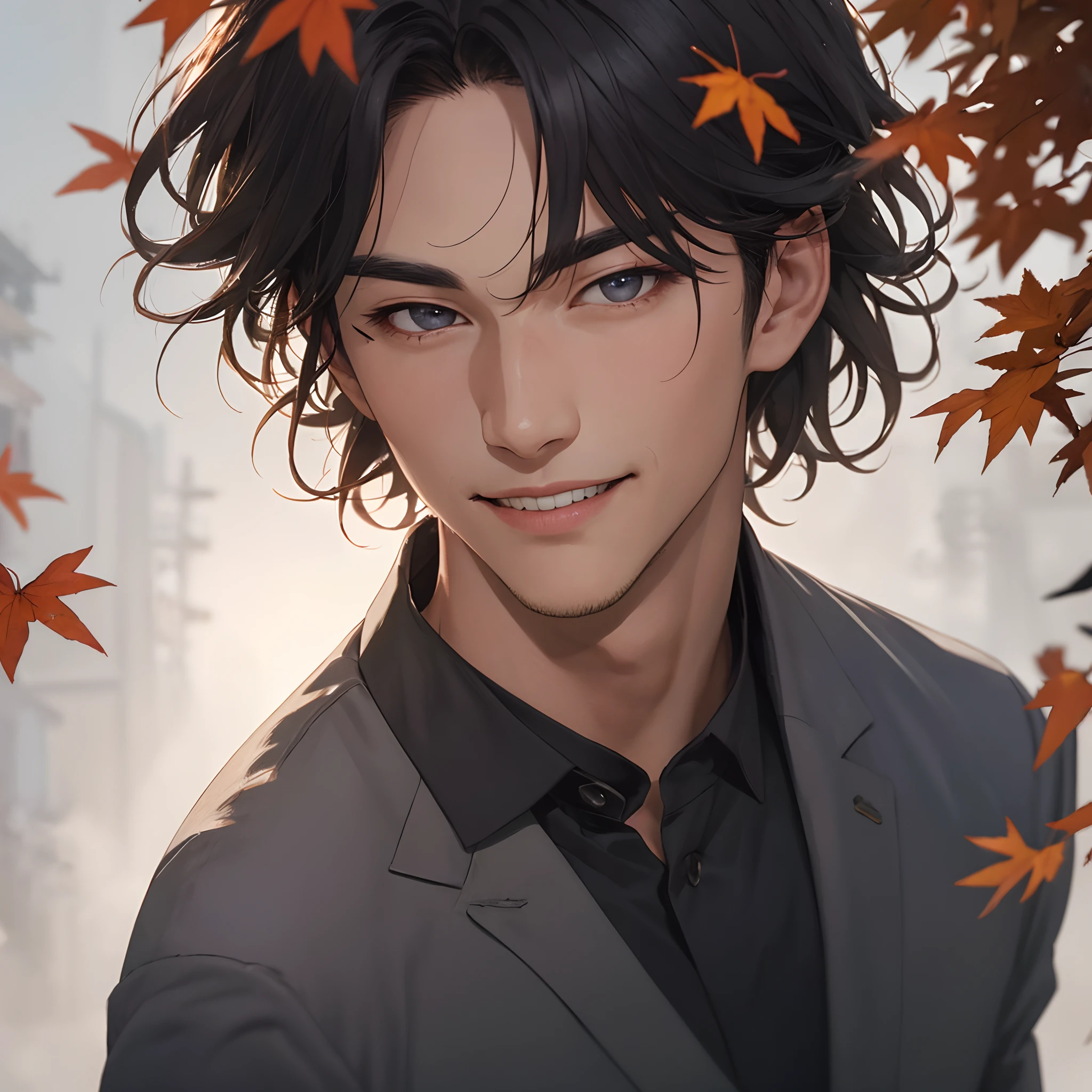 masterpiece, best quality, realistic, 1man, male focus, tall, handsome, smile, closed mouth, white shirt and black pants, portrait, extremely detailed face, autumn halloween season,korean face, idol face, sharp eyeline, short gray hair, cinematic lightning, foggy background with mapel leaves,