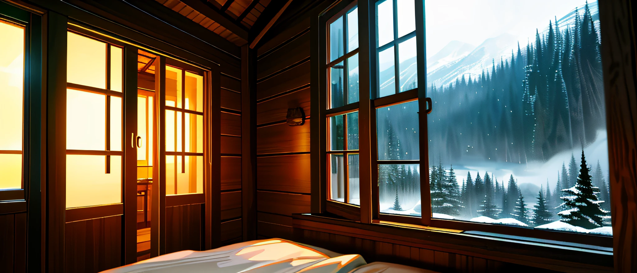 wooden cabin、Room facing the window、《The Hobbit》styled、the night