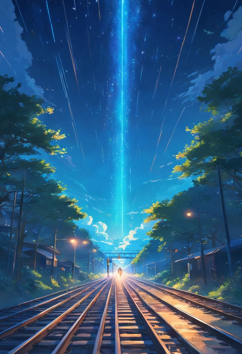 High quality masterpiece ,scenecy,Anime train passing through bodies of water on tracks, Glittering starry sky。Romantic train,Pisif,concept-art,Lofi art style,Reflectors。 By Makoto Shinkai, Lofi art, beautiful anime scenes, Anime landscapes, Detailed scenery —width 672, in the style of makoto shinkai, Makoto Shinkai's style,Detail enhancement