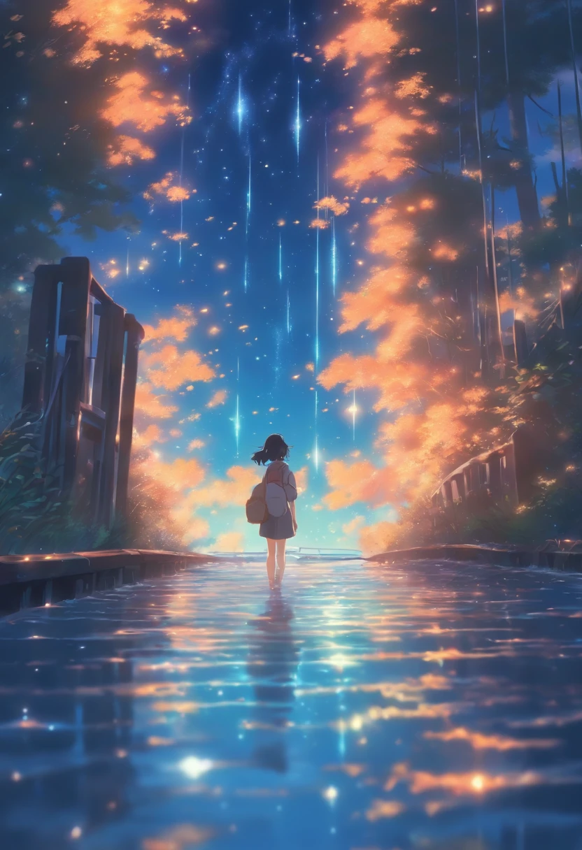 High quality masterpiece ,scenecy,Anime train passing through bodies of water on tracks, Glittering starry sky。Romantic train,Pisif,concept-art,Lofi art style,Reflectors。 By Makoto Shinkai, Lofi art, beautiful anime scenes, Anime landscapes, Detailed scenery —width 672, in the style of makoto shinkai, Makoto Shinkai's style,Detail enhancement