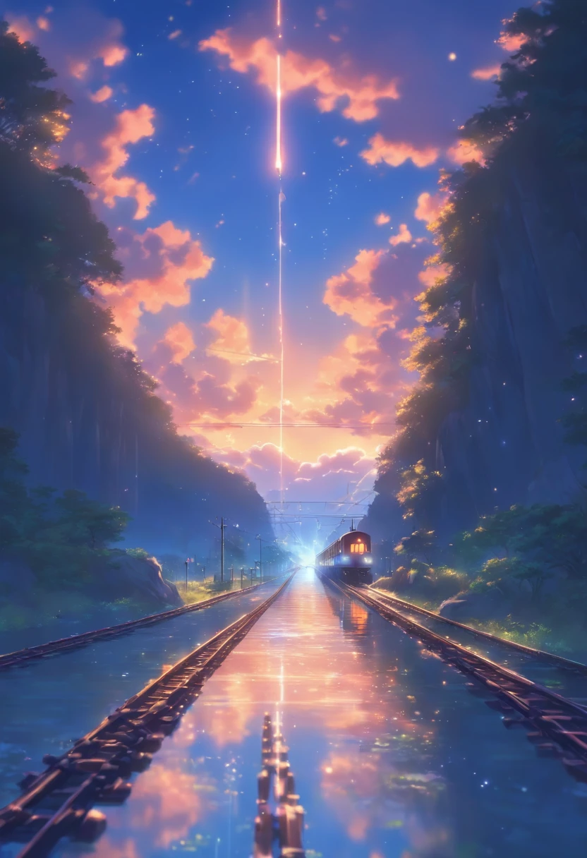 High quality masterpiece ，scenecy，Anime train passing through bodies of water on tracks， Glittering starry sky。Romantic train，Pisif，concept-art，Lofi art style，Reflectors。 By Makoto Shinkai, Lofi art, beautiful anime scenes, Anime landscapes, Detailed scenery —width 672, in the style of makoto shinkai, Makoto Shinkai's style，Detail enhancement