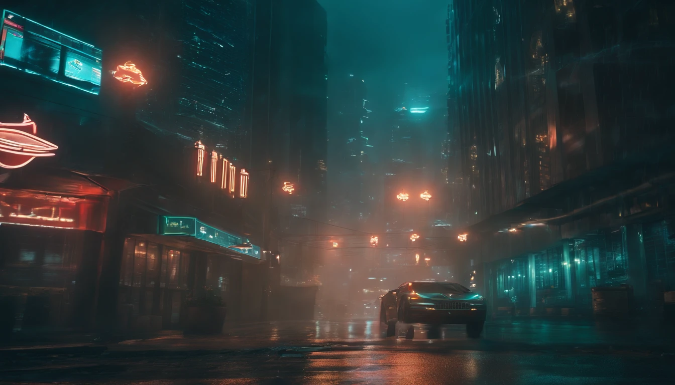 (best quality,4k,8k,highres,masterpiece:1.2),ultra-detailed,(realistic,photorealistic,photo-realistic:1.37),HDR,UHD,studio lighting,ultra-fine painting,sharp focus,physically-based rendering,extreme detail description,professional,vivid colors,bokeh,cyberpunk city,neon lights,glowing signs,futuristic skyscrapers,hovering vehicles,fast-paced urban life,dystopian atmosphere,hi-tech gadgets,urban decay,gritty streets,reflections on wet surfaces,glass and steel structures,holographic projections,colorful glow,electric blue and neon green color palette,synthetic materials,artificial intelligence,integrated neural implants,advanced robotics,high-tech surveillance systems,hovering drones,holographic interfaces,dark alleyways,dimly lit corners,blinking lights,sleek and streamlined designs,exaggerated perspective,imposing cityscape,nighttime setting,heavy rainfall,dense fog,mysterious figures in trench coats,smoky atmosphere,blurred motion,glitch effects,sound of distant sirens.