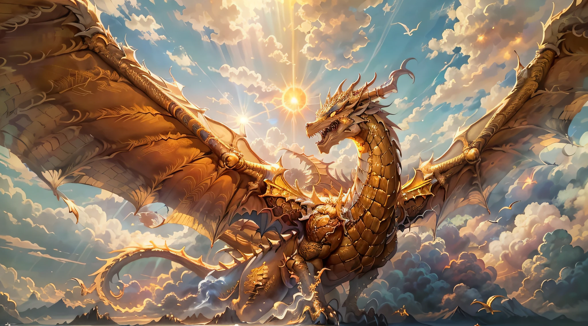a picture of an golden dragon flying in the sky (best details, Masterpiece, best quality :1.5), dragon_real cloudy skies background, an epic gold dragon (best details, Masterpiece, best quality :1.5) extremely detailed dragon,  horns, breathing flame red fire, dragon_wings, dragon wings wide spread, ultra detailed face,  birds view, sun rays, divine rays, sun rays reflected in clouds (best details, Masterpiece, best quality :1.5), sense of divinity, sense of awe majestic atmosphere, ultra best realistic, best details, best quality, 16k, [ultra detailed], masterpiece, best quality, (extremely detailed), ultra wide shot, photorealism, depth of field, hyper realistic painting,
