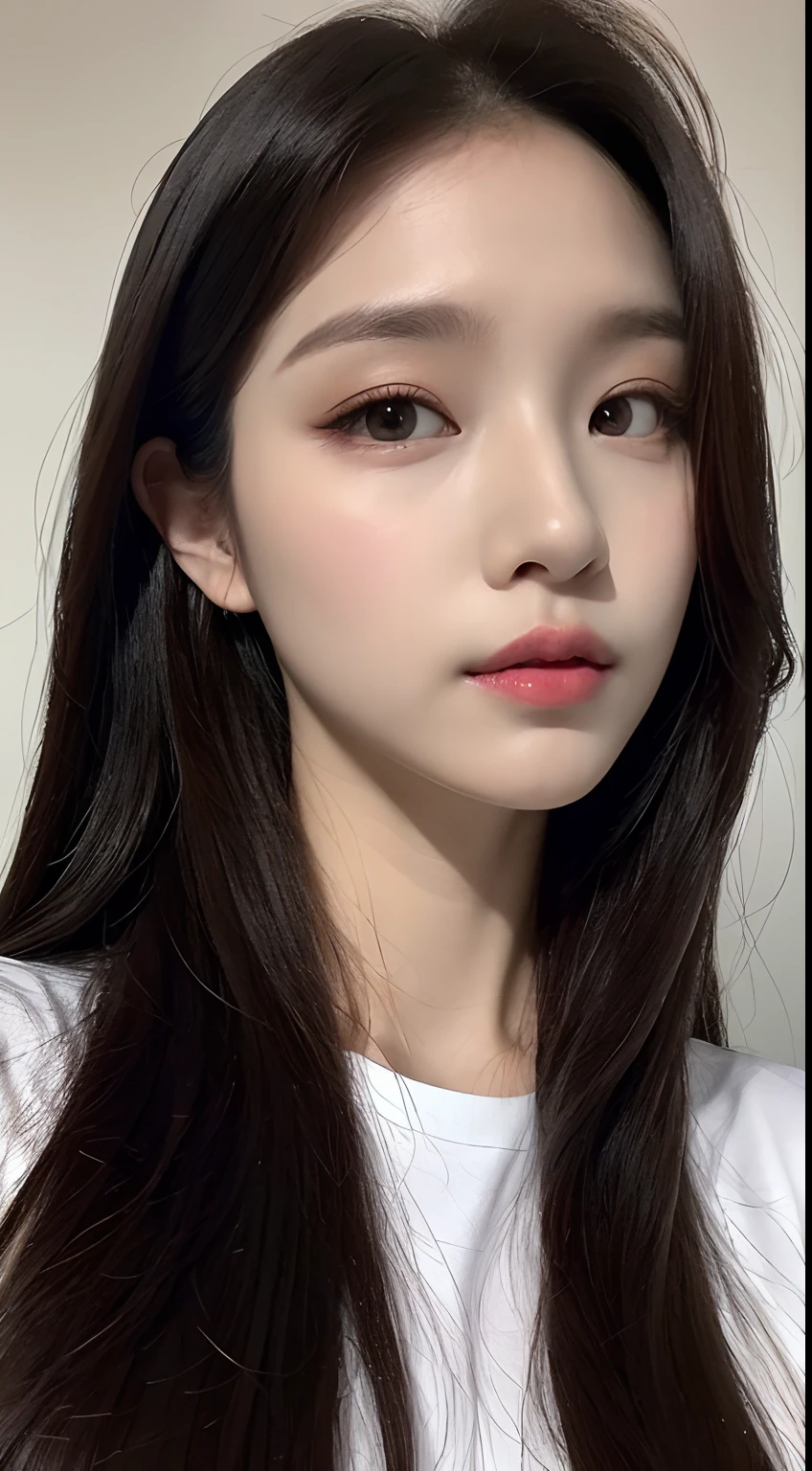 ((Realistic lighting、top-quality、8K、masterpiece:1.3))、Clear focus:1.2、1girl in、flawless beauty:1.4、、Neat and clean clothing、One-piece clothes、Superfine Face、Narrow-eyed、二重まぶた、lighting like a movie、photos realistic、28 year old、Face like a K-pop idol、white backgrounid、Gray background、Mature Woman、Classy makeup、Angle of pull、length hair、Longhaire、Long hair、Straight hair、Korea person、Rolled hair