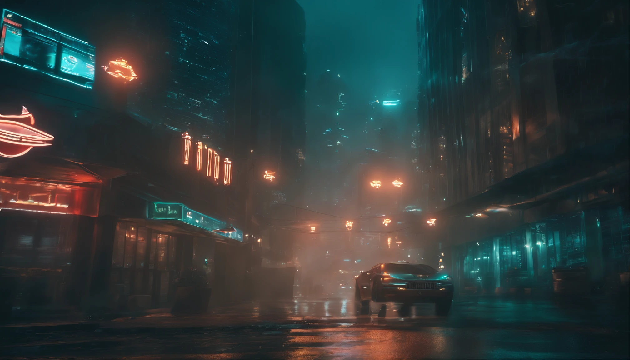 (best quality,4k,8k,highres,masterpiece:1.2),ultra-detailed,(realistic,photorealistic,photo-realistic:1.37),HDR,UHD,studio lighting,ultra-fine painting,sharp focus,physically-based rendering,extreme detail description,professional,vivid colors,bokeh,cyberpunk city,neon lights,glowing signs,futuristic skyscrapers,hovering vehicles,fast-paced urban life,dystopian atmosphere,hi-tech gadgets,urban decay,gritty streets,reflections on wet surfaces,glass and steel structures,holographic projections,colorful glow,electric blue and neon green color palette,synthetic materials,artificial intelligence,integrated neural implants,advanced robotics,high-tech surveillance systems,hovering drones,holographic interfaces,dark alleyways,dimly lit corners,blinking lights,sleek and streamlined designs,exaggerated perspective,imposing cityscape,nighttime setting,heavy rainfall,dense fog,mysterious figures in trench coats,smoky atmosphere,blurred motion,glitch effects,sound of distant sirens.