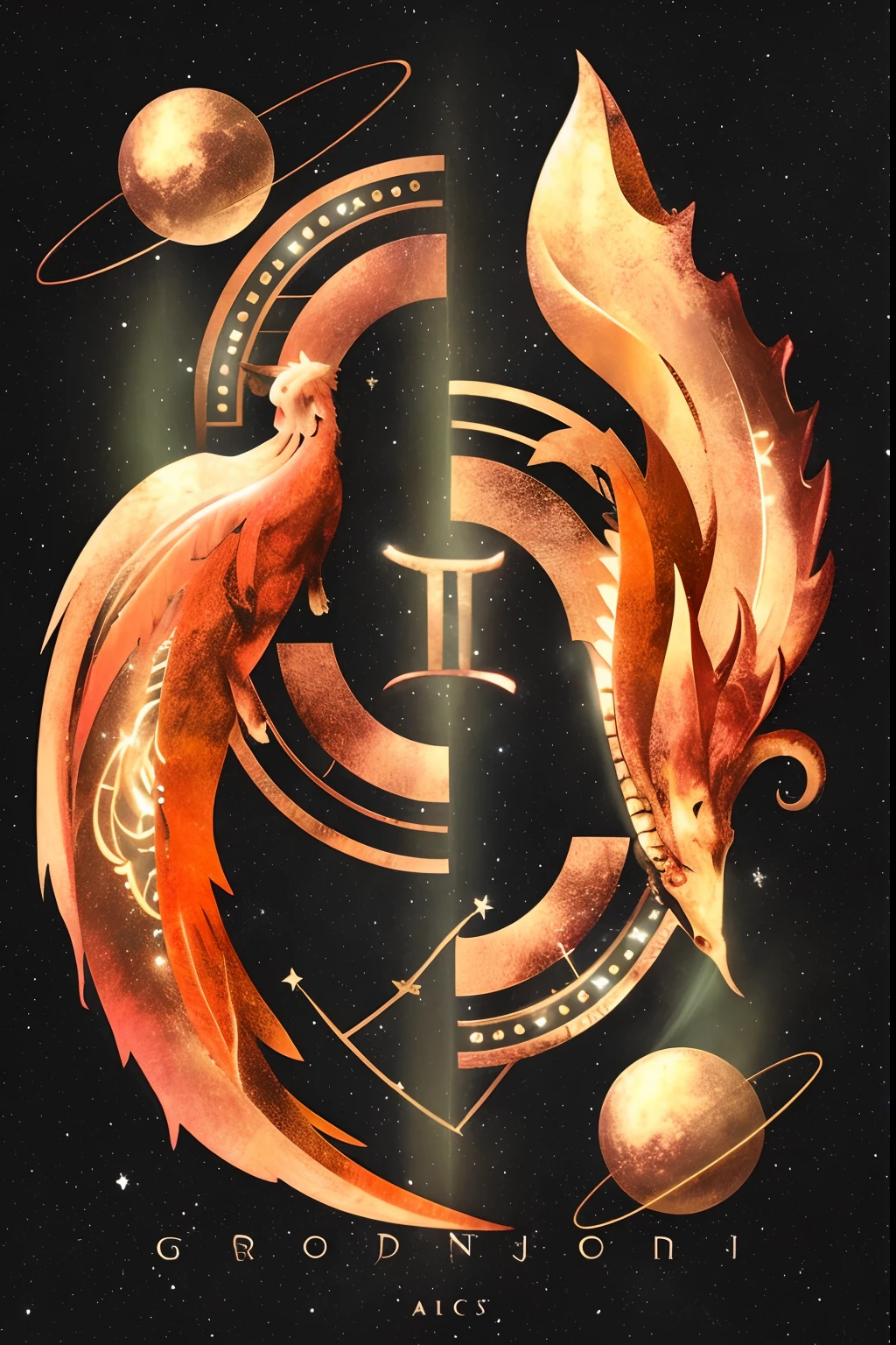 Close-up of the clock，There is a dragon on it, aries fiery ram tarot, beautiful gemini good and evil, Accurate depiction, Pisces, the solarpunk phoenix, jen bartel, Gemini, constellation, Beautiful Gemini twins, golden taurus, inspired by Ryūsei Kishida, inspired by Sakai Hōitsu, unknown zodiac sign，Gemini gold trim，Golden decoration，Gemini