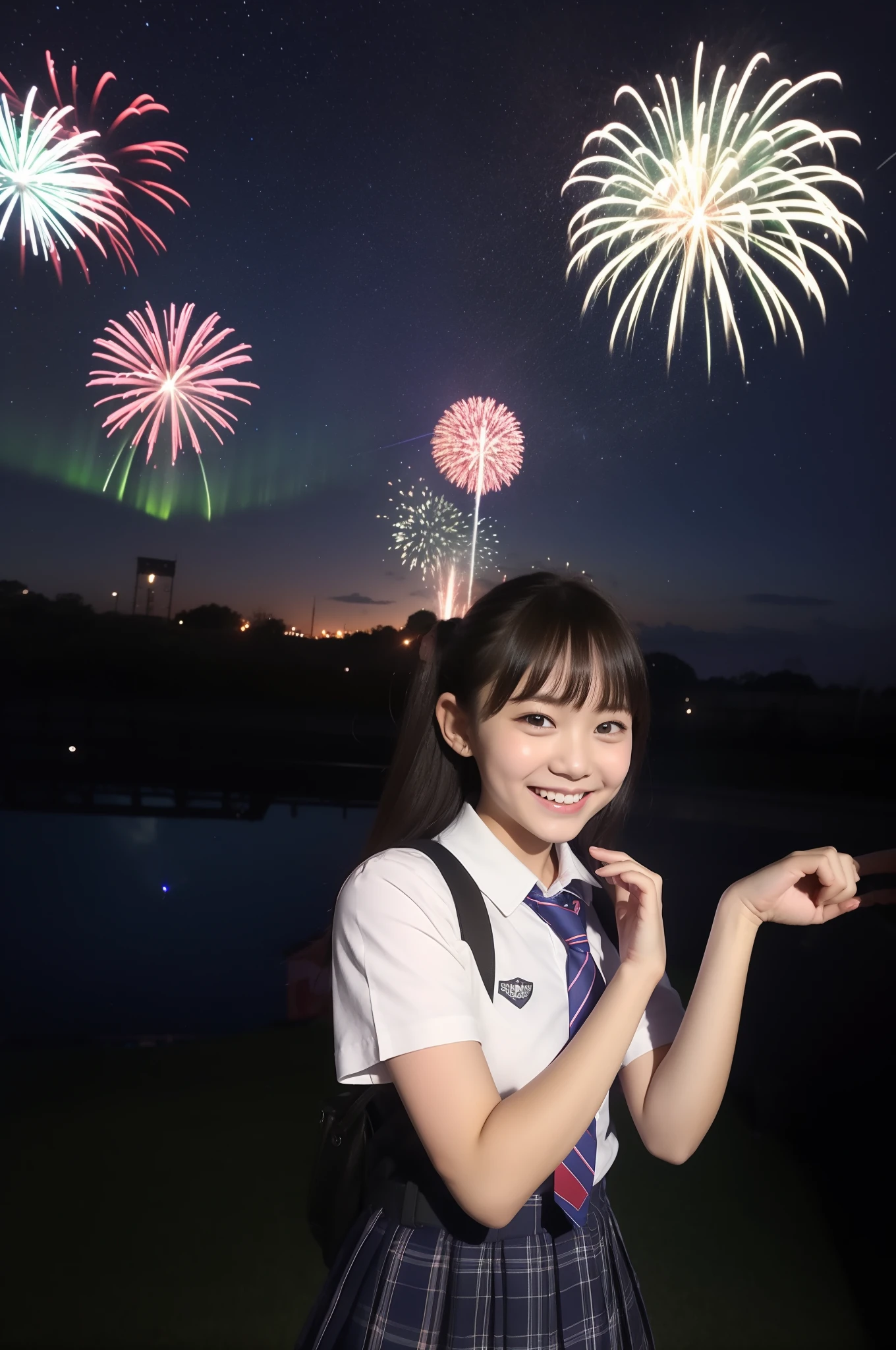 A smile、hi-school girl、校服、shortsleeves、An amusement park、While doing fireworks、starrysky、Aurora