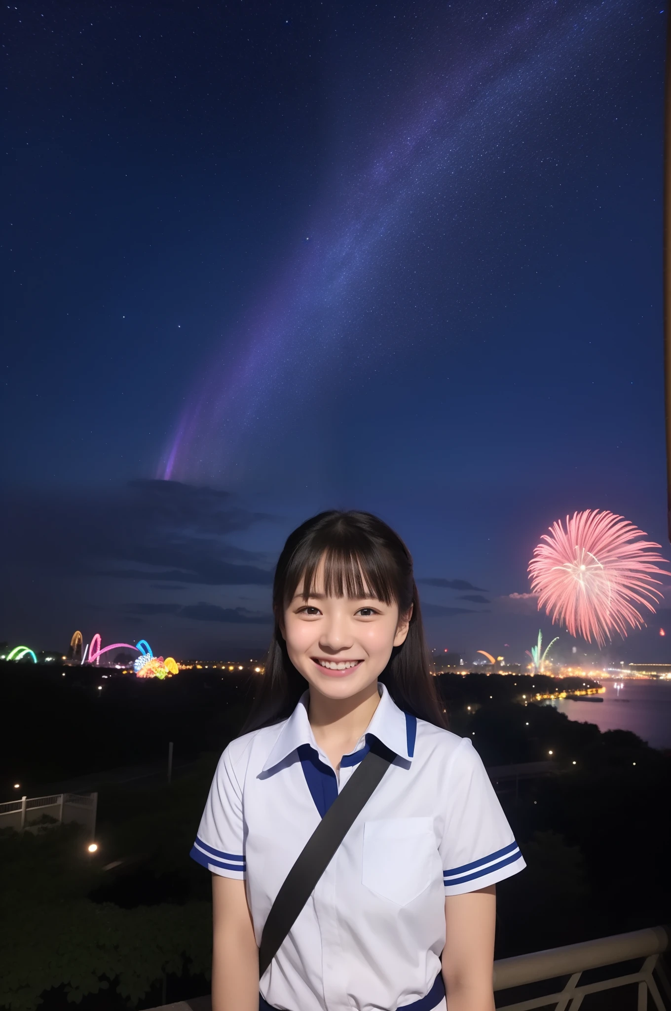 A smile、hi-school girl、校服、shortsleeves、An amusement park、While doing fireworks、starrysky、Aurora