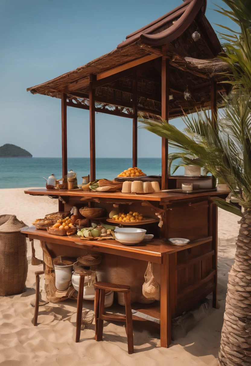 A simple snack stand，Support the roof with four，The roof should be light，The field of view is able to penetrate，You can see the scene behind the stall，On the beach by the sea，Resist typhoons，Easy to disassemble（Bright warm sunshine 1:0.1）Jiageng style building，Hokkien style