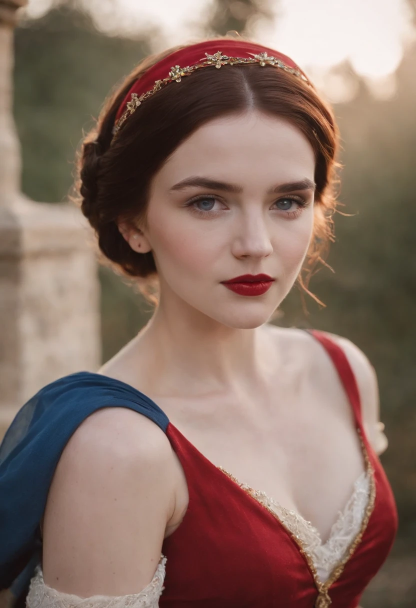 emma myers, 20 year old, fair skin, blackest hair, fair complexion, red lips, disney snow white dress, red head band, blue yellow dress, short hair, slender and graceful, beautiful, candlelight in a medieval setting, ultra sharp focus, realistic shot, tetradic colors