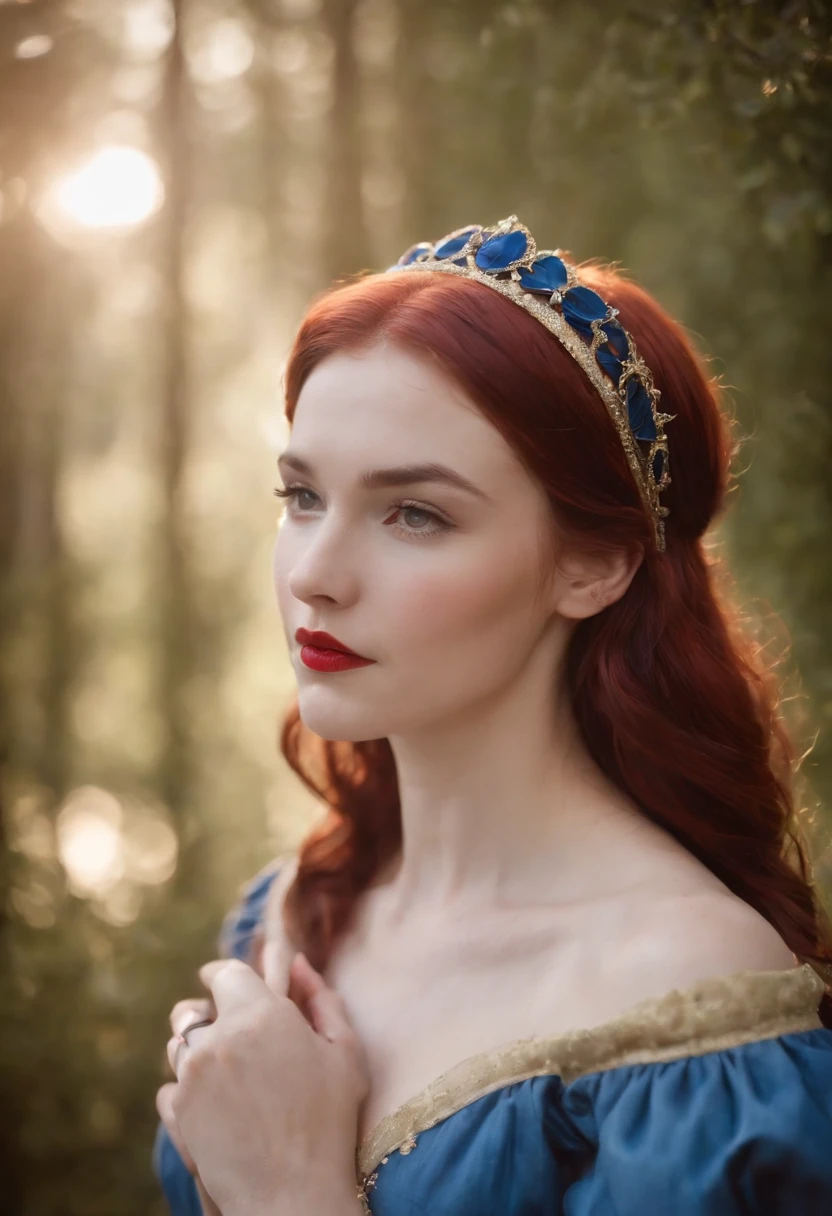 emma myers, 20 year old, fair skin, blackest hair, fair complexion, red lips, disney snow white dress, red head band, blue yellow dress, short hair, slender and graceful, beautiful, candlelight in a medieval setting, ultra sharp focus, realistic shot, tetradic colors