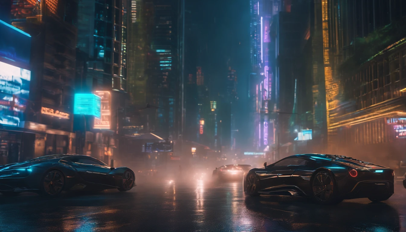 (best quality,4k,8k,highres,masterpiece:1.2),ultra-detailed,(realistic,photorealistic,photo-realistic:1.37),HDR,UHD,studio lighting,ultra-fine painting,sharp focus,physically-based rendering,extreme detail description,professional,vivid colors,bokeh,cyberpunk city,neon lights,glowing signs,futuristic skyscrapers,hovering vehicles,fast-paced urban life,dystopian atmosphere,hi-tech gadgets,urban decay,gritty streets,reflections on wet surfaces,glass and steel structures,holographic projections,colorful glow,electric blue and neon green color palette,synthetic materials,artificial intelligence,integrated neural implants,advanced robotics,high-tech surveillance systems,hovering drones,holographic interfaces,dark alleyways,dimly lit corners,blinking lights,sleek and streamlined designs,exaggerated perspective,imposing cityscape,nighttime setting,heavy rainfall,dense fog,mysterious figures in trench coats,smoky atmosphere,blurred motion,glitch effects,sound of distant sirens.