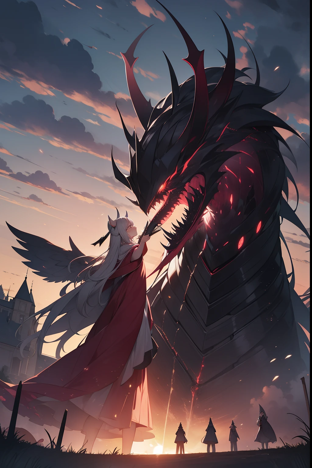 A girl sit on an enormous monster, focus on the monster, epic, the monster ia crying and shouting