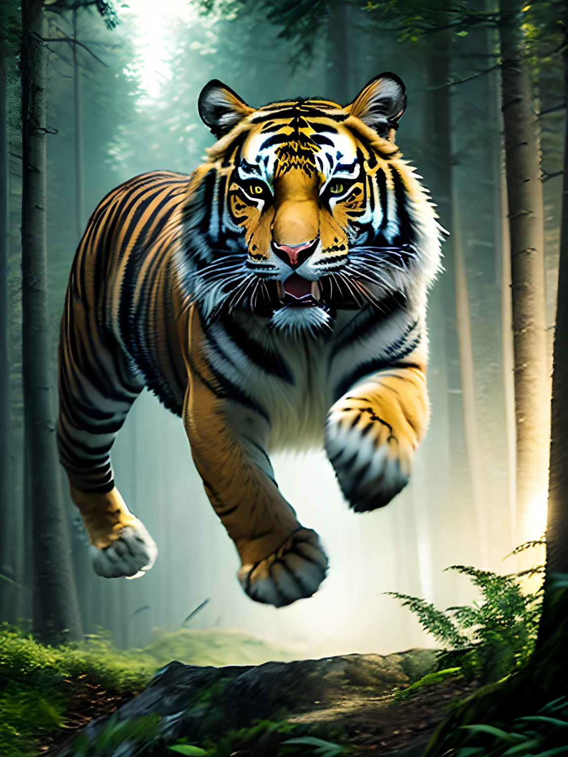 Close-up photo of a very mighty and domineering jumping tiger in the forest,Soft volumetric light,(The light from the back window is backlighted:1.3),(cinematic ligh:1.2),Complicated details,(ArtStation:1.3),Rutkowski