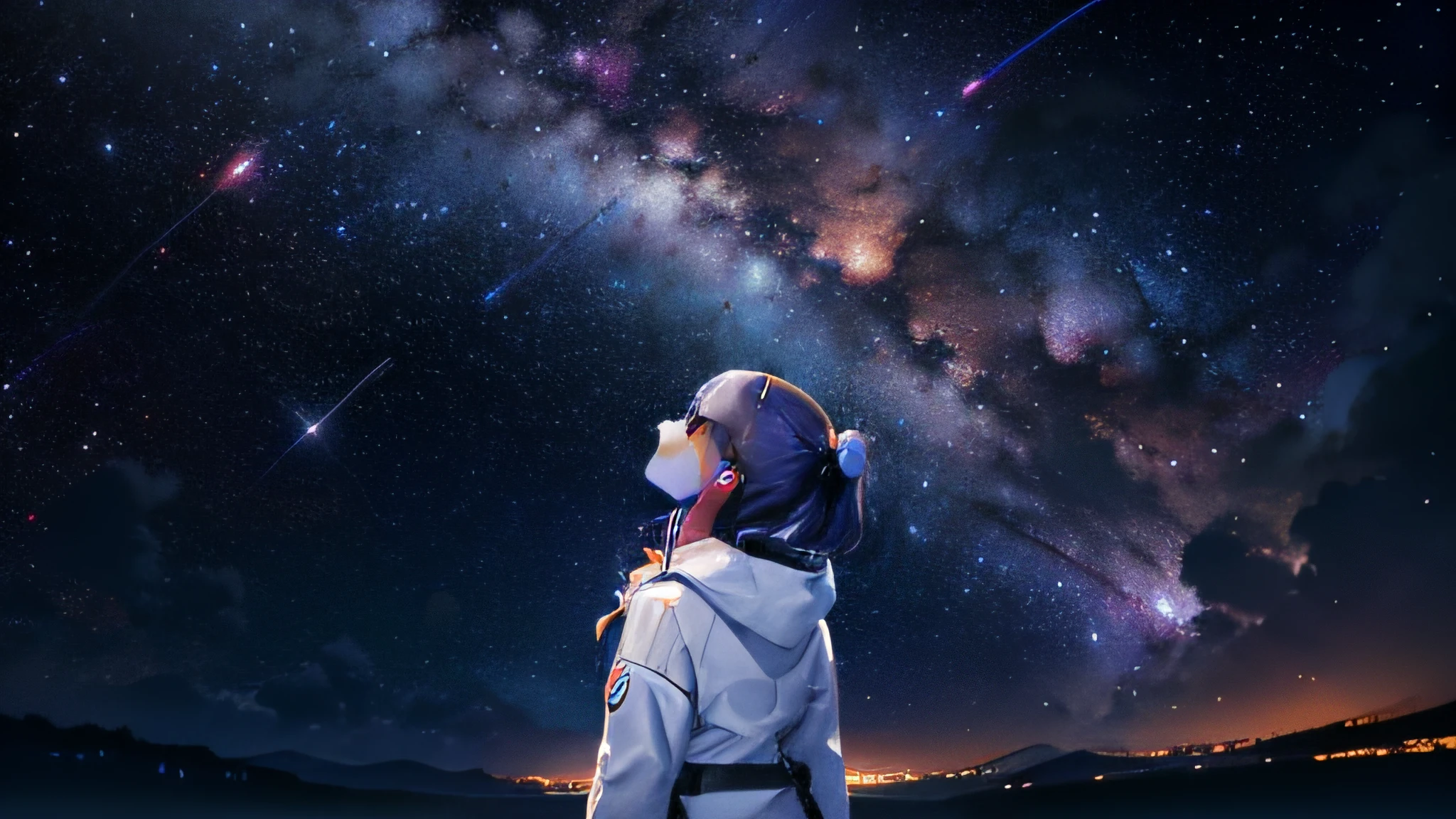 Anime girl looking up at the stars in the sky, space sky, on a galaxy looking background, amazing wallpapers, cosmos sem fim no fundo, Starry Sky 8 K, cosmic starry sky, Background galaxy, ((space nebula background)), space backround, Galaxy background, beautiful galaxy, Milkyway Sky, Night sky; 8K, galaxy in background