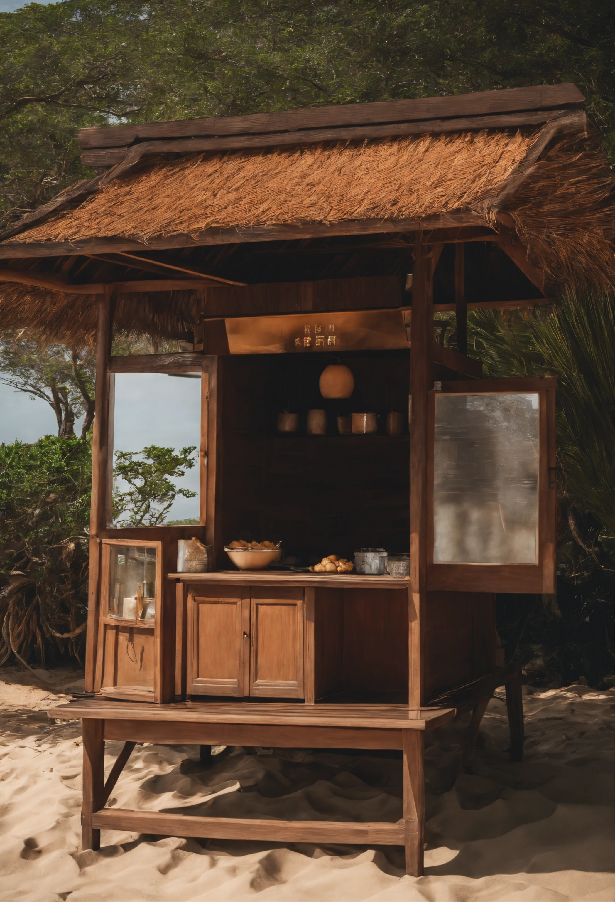 A simple snack stand,Support the roof with four,The roof should be light,The field of view is able to penetrate,You can see the scene behind the stall,On the beach by the sea,Resist typhoons,Easy to disassemble(Bright warm sunshine 1:0.1)Jiageng style building,Hokkien style