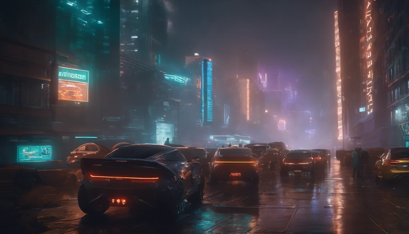 (best quality,4k,8k,highres,masterpiece:1.2),ultra-detailed,(realistic,photorealistic,photo-realistic:1.37),HDR,UHD,studio lighting,ultra-fine painting,sharp focus,physically-based rendering,extreme detail description,professional,vivid colors,bokeh,cyberpunk city,neon lights,glowing signs,futuristic skyscrapers,hovering vehicles,fast-paced urban life,dystopian atmosphere,hi-tech gadgets,urban decay,gritty streets,reflections on wet surfaces,glass and steel structures,holographic projections,colorful glow,electric blue and neon green color palette,synthetic materials,artificial intelligence,integrated neural implants,advanced robotics,high-tech surveillance systems,hovering drones,holographic interfaces,dark alleyways,dimly lit corners,blinking lights,sleek and streamlined designs,exaggerated perspective,imposing cityscape,nighttime setting,heavy rainfall,dense fog,mysterious figures in trench coats,smoky atmosphere,blurred motion,glitch effects,sound of distant sirens.