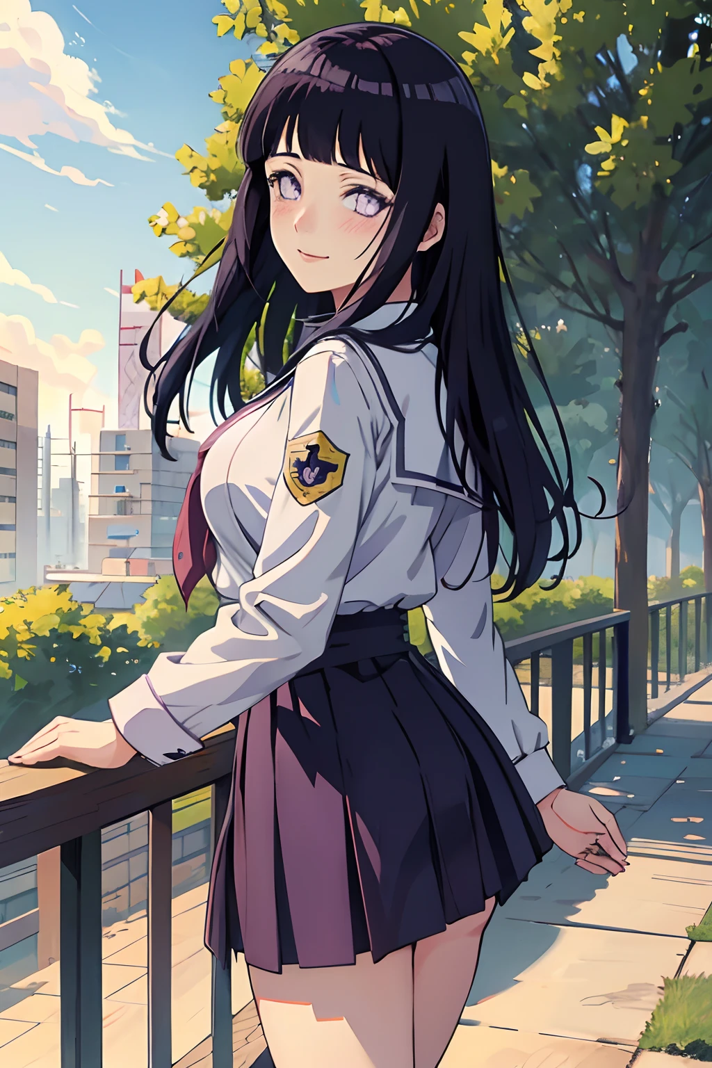 (((Masterpiece))), hyuga hyuga, Blush, Smile, 1girll, Solo, Long hair, view the viewer, Large breasts, Black hair, Purple eyes, Outdoors, sky, JK school uniform,Looking back, Blunt bangs, White eyes, nordic,