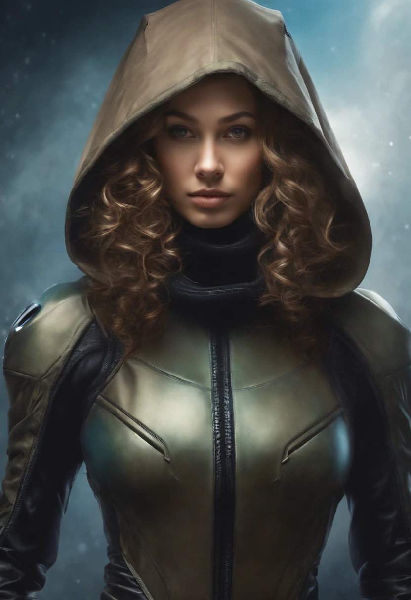 a beautiful 23 years old barefoot woman, with chin-length light-brown curly hair, wearing a skintight synthetic futuristic SciFi combat suit, with a hood and a facemask covering her mouth and nose, magical watercolor.