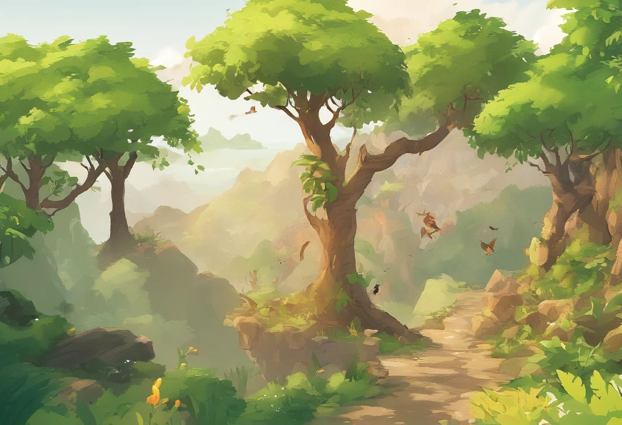 precipice（Close-up），Jungle on the coast（Faraway view），A flock of crows hovers in the sky（4K,tmasterpiece, hyper HD, Professional lighting）