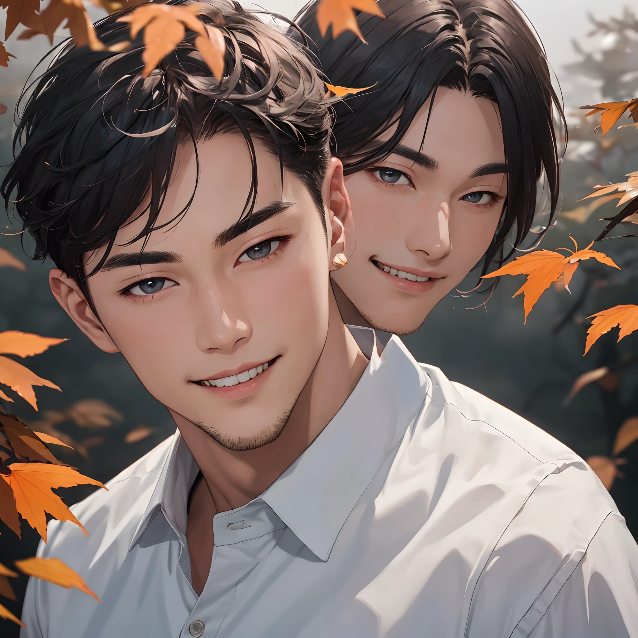 masterpiece, best quality, realistic, 1man, male focus, tall, handsome, smile, closed mouth, white shirt and black pants, portrait, extremely detailed face, autumn halloween season,korean face, idol face, sharp eyeline, short gray hair, cinematic lightning, foggy background with mapel leaves,