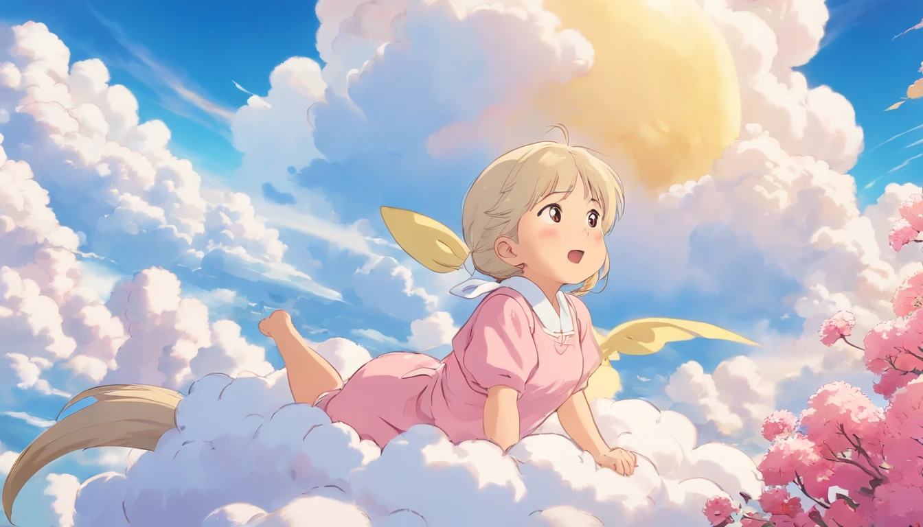 comic strip,Cute and cute 1 girl sleeping on beautiful fluffy clouds in the sky,anime big breast,On thick clouds such as marshmallows,Pink pajamas,Detail enhancement,8K,super-fine,concept-art,number art