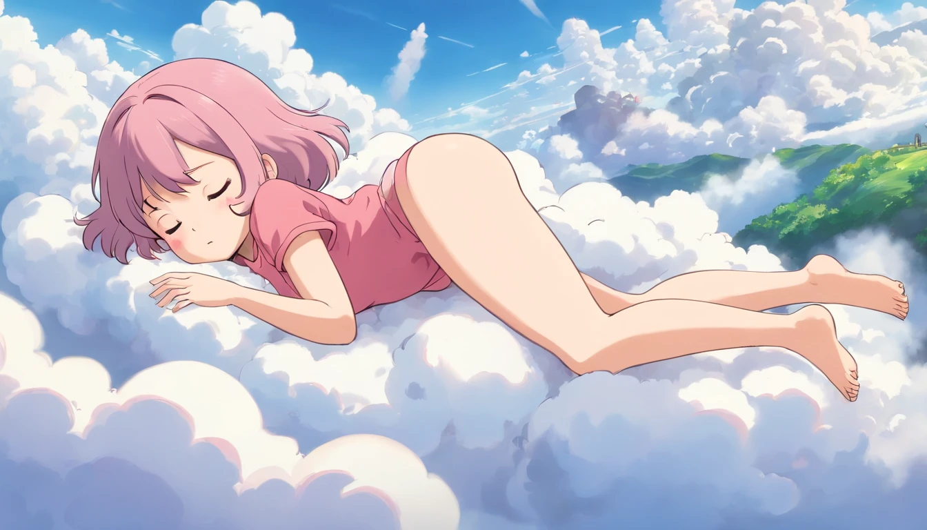 comic strip,Cute and cute baby girl sleeping on beautiful fluffy clouds in the sky,anime big breast,On clouds such as marshmallows,Pink pajamas,Detail enhancement,8K,super-fine,concept-art,number art
