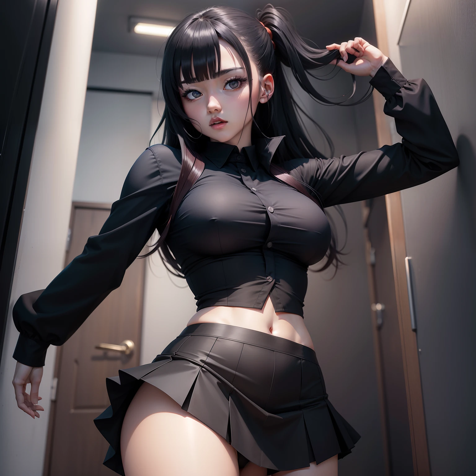 Anime girl, por volta dos 18 anos [nobara kugisaki jujutsu Kaisen] open black clothing with dress shirt, seios grandes, Skirt with midriff, pernas grossas, cabelo curto laranja, olhos laranjas, bunda grande