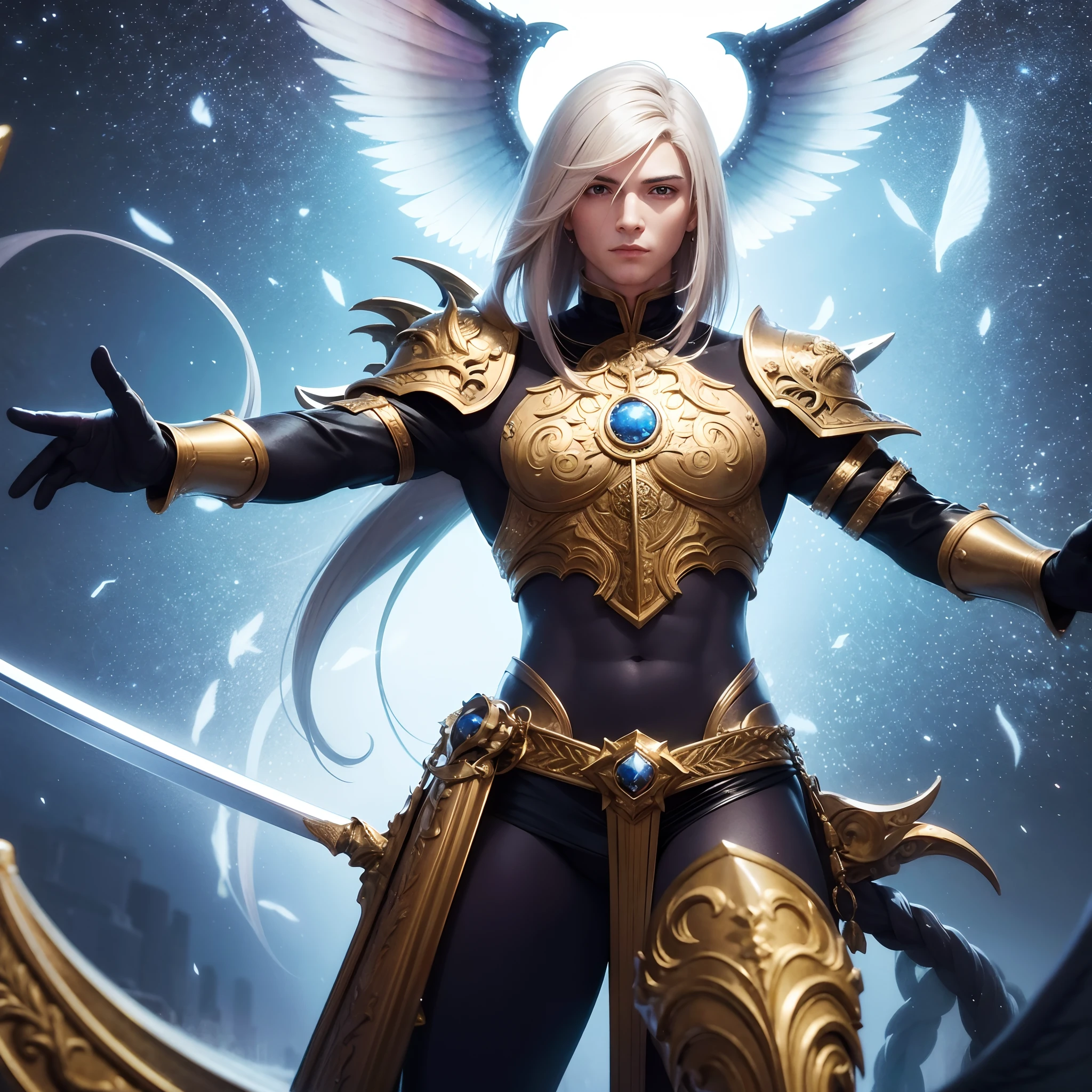 cabelos e olhos castanho claros, male with sword and wings in front of an overcast sky, Arcanjo Miguel, arcanjo, saint michael the angel, Epic Fantasy Digital Art Style, Artgerm. High detail, angel in plastic armor, retrato masculino da fantasia, angelic, arte fantasia behance, arte de fantasia digital 3d detalhada, por Yang J, Paladino Santo, Epic fantasy 4k art style, dourado, ouro e anjos ao redor --auto