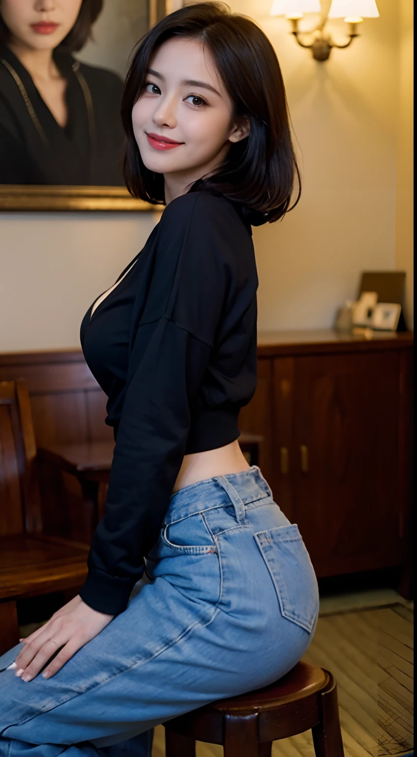 ((Best quality, 8K, Masterpiece :1.3)), (Realistic, Photorealistic:1.4),Pretty Women with Perfect Figure :1.4, (Medium breasts), Beautiful, Smile, Clear hoodie, (Bright:1.4), Pretty woman, (Highly detailed face:1.2),cleavage, blown hair, jaw dropping, Bob, Sitting, Tight waist, Detailed eyes, 二重まぶた, japanese beautiful woman, arms back behind,