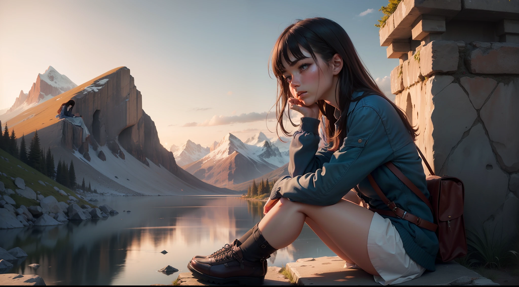 (ultra-detailed, photorealistic), a girl sitting cross-legged under a stone pedestal, contemplating which path to take, as the sun sets and the wind blows gently. She gazes towards the clouds, wondering which direction she should go. The scene is set against a backdrop of majestic mountains in the distance. The girl's eyes are filled with beautiful, deep emotions as she ponders her next steps. The colors are vibrant and vivid, with warm tones of orange and pink dominating the sky, while the mountains are painted in cool shades of blue and purple. The lighting is soft and diffused, casting a warm glow on the girl's face and illuminating the surrounding landscape. The image is exquisitely detailed, capturing every intricate nuance of the girl's features, including her detailed eyes, nose, and lips. The overall atmosphere is serene, with a touch of mystery, evoking a sense of introspection and contemplation.