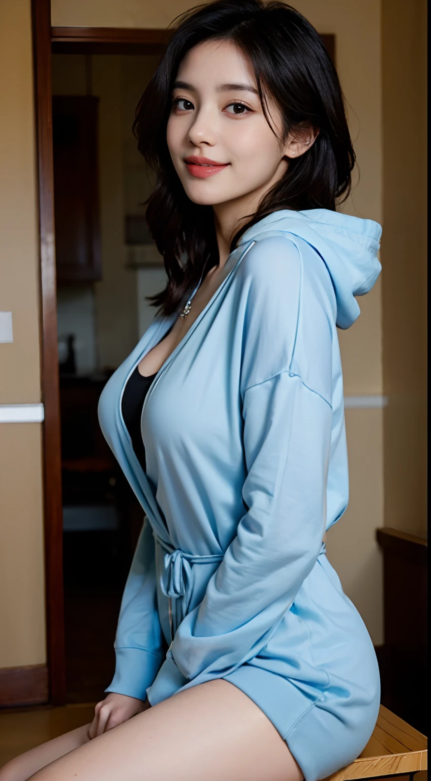 ((Best quality, 8K, Masterpiece :1.3)), (Realistic, Photorealistic:1.4),Pretty Women with Perfect Figure :1.4, (Medium breasts), Beautiful, Smile, Clear  hoodie, (Bright:1.4), Pretty woman, (Highly detailed face:1.2),cleavage, blown hair, jaw dropping, Bob, Sitting, Tight waist,  Detailed eyes, 二重まぶた, japanese beautiful woman, arms back behind,
