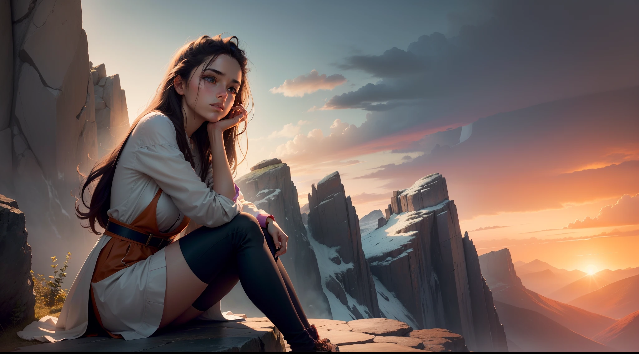 (ultra-detailed, photorealistic), a girl sitting cross-legged under a stone pedestal, contemplating which path to take, as the sun sets and the wind blows gently. She gazes towards the clouds, wondering which direction she should go. The scene is set against a backdrop of majestic mountains in the distance. The girl's eyes are filled with beautiful, deep emotions as she ponders her next steps. The colors are vibrant and vivid, with warm tones of orange and pink dominating the sky, while the mountains are painted in cool shades of blue and purple. The lighting is soft and diffused, casting a warm glow on the girl's face and illuminating the surrounding landscape. The image is exquisitely detailed, capturing every intricate nuance of the girl's features, including her detailed eyes, nose, and lips. The overall atmosphere is serene, with a touch of mystery, evoking a sense of introspection and contemplation.