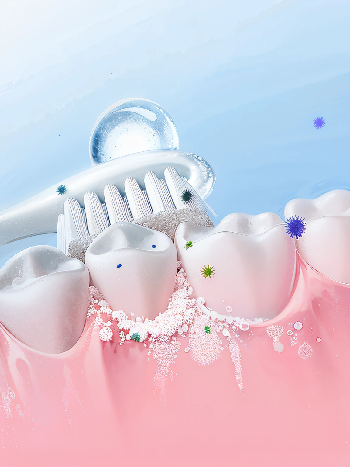 Toothbrushes and teeth, depicted as a 3 d render, Foam flows from between the teeth, dentils, teeth, gum tissue, high - detail, high detal, new design, composite, Dental bacteria，photorealistic illustration, rendering, a digital rendering, teeth，8K