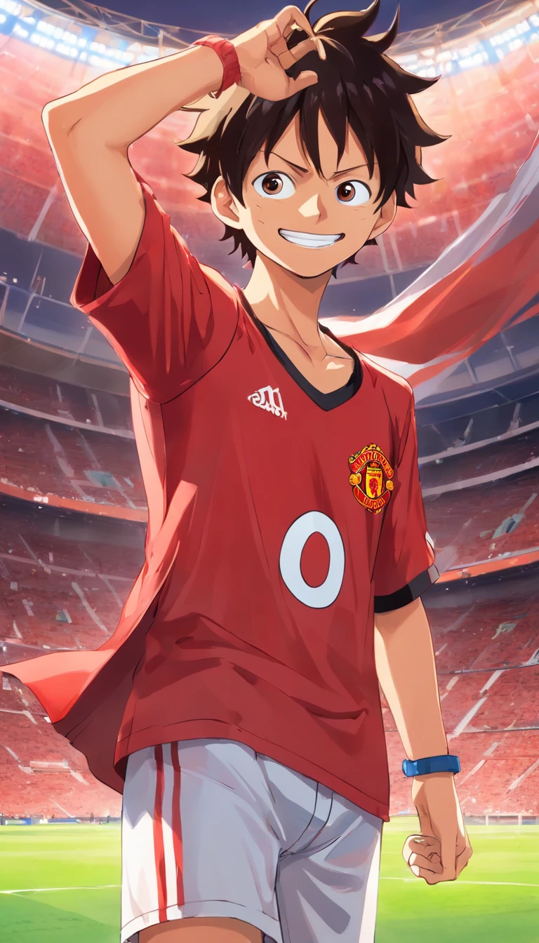 "luffy from One Piece wearing a Manchester United outfit, standing in a stadium, facing the camera, with one hand raised and a smile."