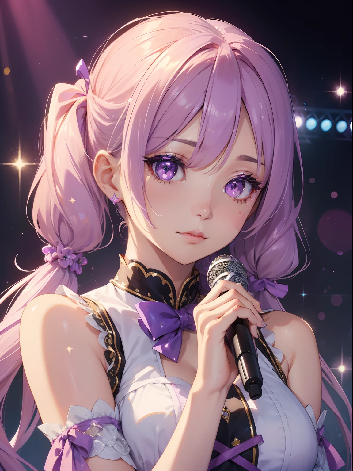 masutepiece, High resolution, 8K, anime woman, Delicate and detailed writing 、Detailed digital illustration、(((Straight hair、Pigtails)))、((very long lilac hair))、Bangs、a very beautiful woman、Eyes are double, Large, Bust is an A cup、High image quality, High quality、Detailed background、(((Wearing idol clothes)))、((Glittering live stage backdrop))、The inside of the eye shines like a diamond、Gradient pupil、(((2 arms、4 fingers, 1 thumb)))、Detailed female face、Very beautiful and cute woman、、细致背景、​masterpiece、Soft Focus , Bright gradient watercolor , Lens Flare , (((Glitter))) , Glow , Dreamy , (((Holding the microphone in her hand)))、a miniskirt、Idol、Lilac ribbon、Very beautiful purple rose hair accessories、Purple and gold costume with white as the main color、(((Macroeye))、 woman、(((Close up face)))