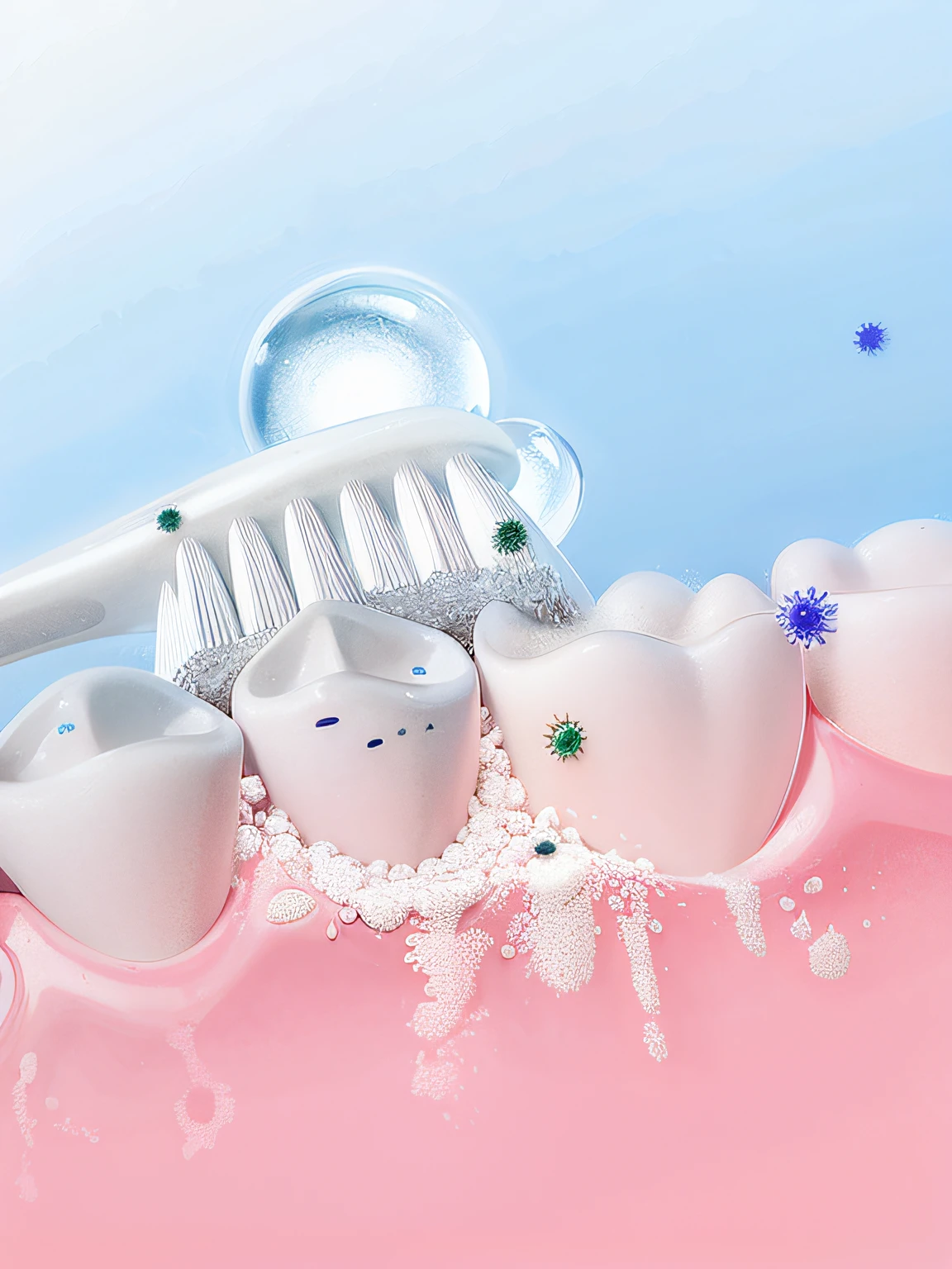 Toothbrushes and teeth, depicted as a 3 d render, Foam flows from between the teeth, dentils, teeth, gum tissue, high - detail, high detal, new design, composite, Dental bacteria，photorealistic illustration, rendering, a digital rendering, teeth，8K