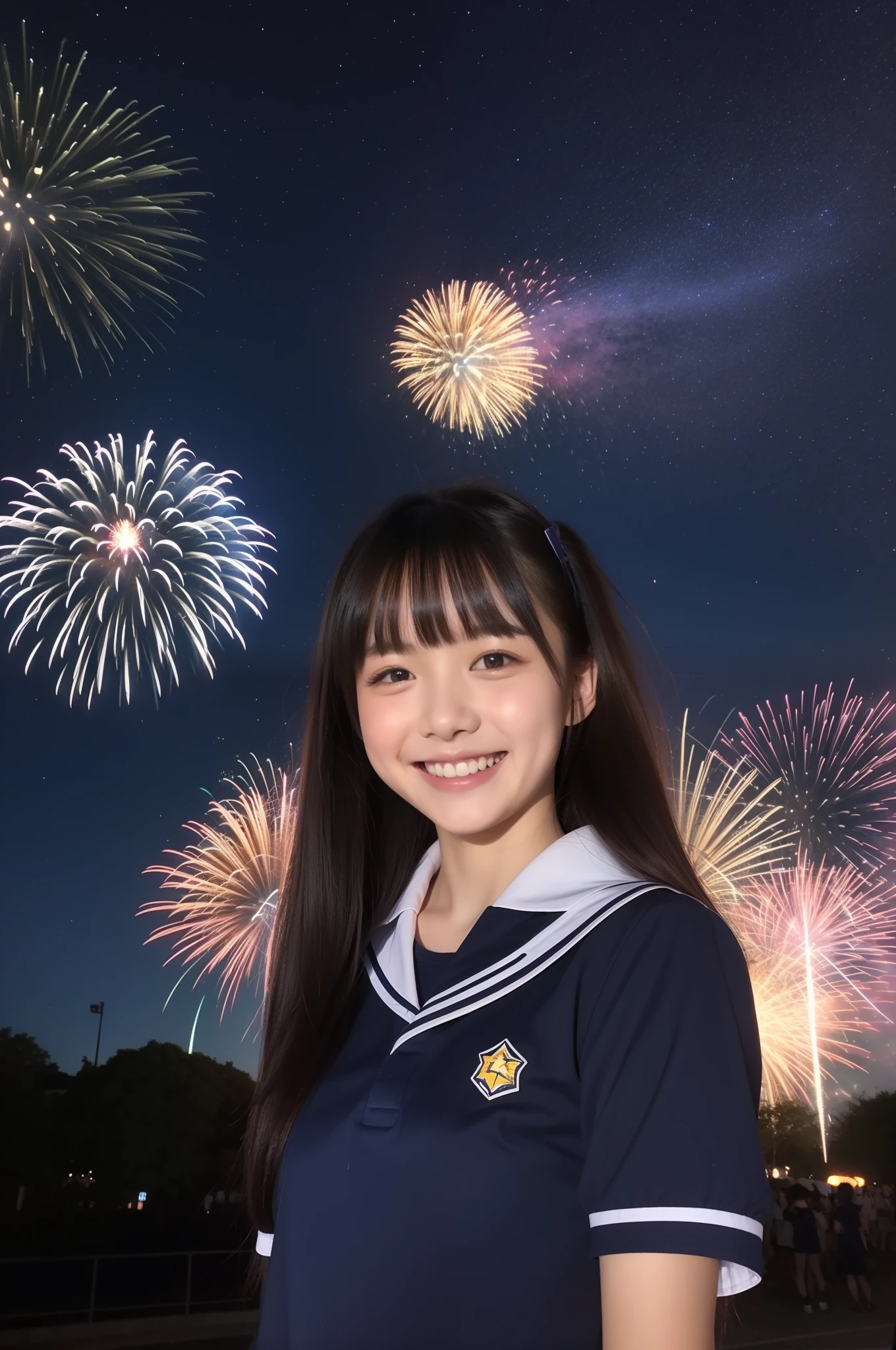A smile、hi-school girl、校服、shortsleeves、An amusement park、While doing fireworks、starrysky、Aurora