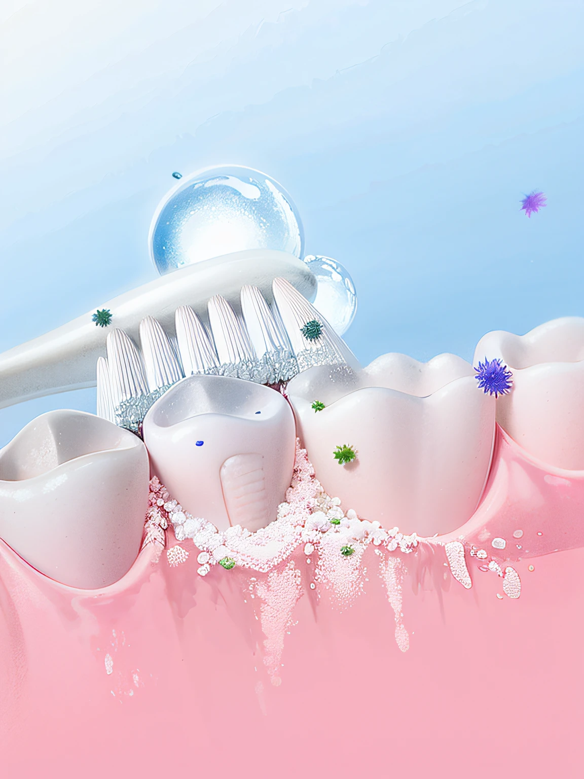 Toothbrushes and teeth, depicted as a 3 d render, Foam flows from between the teeth, dentils, teeth, gum tissue, high - detail, high detal, new design, composite, Dental bacteria，photorealistic illustration, rendering, a digital rendering, teeth，8K