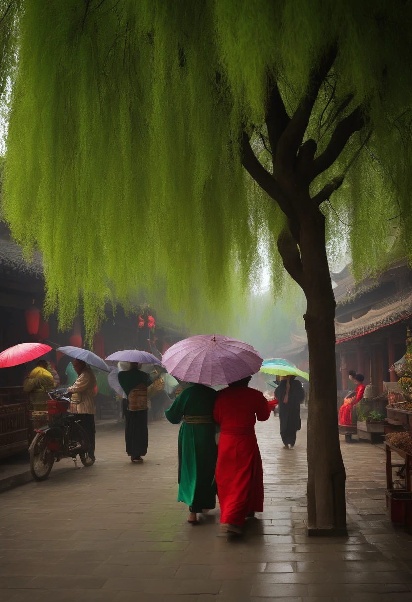 Twenty-four solar terms - Qingming Festival Green willow tree with long branches and leaves Jiangnan Ancient Street People holding umbrellas with their backs to the audience