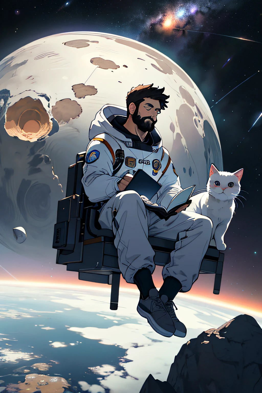Draw a young programmer，Holding a cute white cat，Sit on a research platform floating in the middle of the asteroid belt。He was studying with a notebook，Surrounded by several asteroids that emit fiery rings。Dramatic illuminations from distant stars and planets illuminate the scene，A deep shadow was cast on the spacesuit。The young man looks confident and determined，Look at the vast and mysterious universe with amazement and respect，Full beard，cowboy lens，Holding a white cat