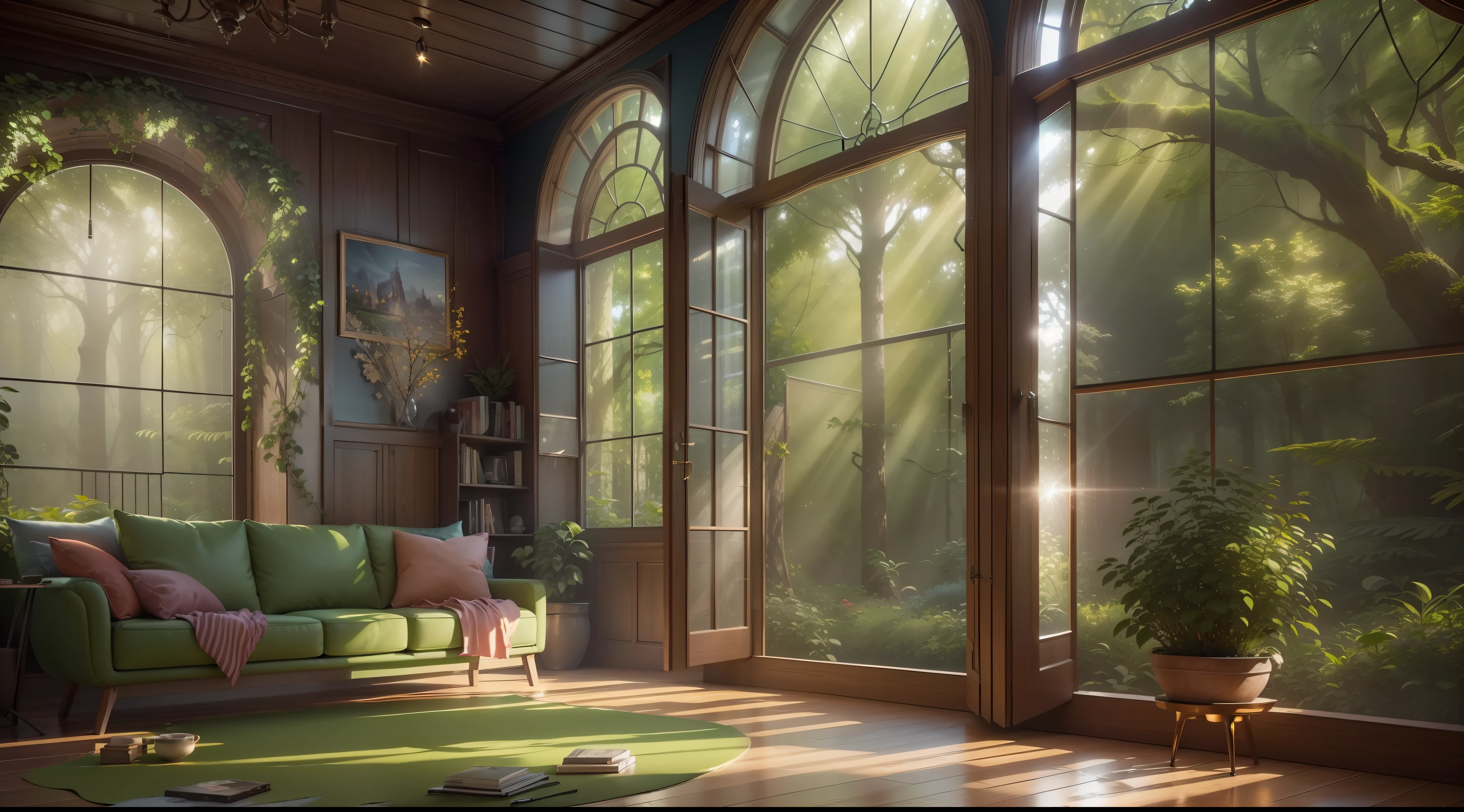 (8k, RAW photo, best quality, masterpiece:1.2), (realistic, photo-realistic:1.37), octane render, ultra high res, ultra-detailed, professional lighting, photon mapping, radiosity, physically-based rendering, ue5, fantasy elven cozy forest house interior ((fantasy elven forest house interior)), ((raytracing)), ((sunrays)), ((ivy on wall)), (retro-futuristic furnishing), (bookshelf), (sofa), (rug on floor), (dark oak floor and walls), (big window), (forest visible outside of the window)