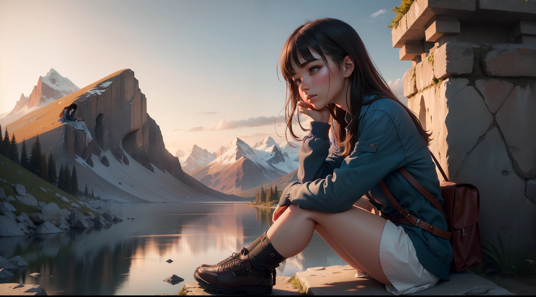 (ultra-detailed, photorealistic), a girl sitting cross-legged under a stone pedestal, contemplating which path to take, as the sun sets and the wind blows gently. She gazes towards the clouds, wondering which direction she should go. The scene is set against a backdrop of majestic mountains in the distance. The girl's eyes are filled with beautiful, deep emotions as she ponders her next steps. The colors are vibrant and vivid, with warm tones of orange and pink dominating the sky, while the mountains are painted in cool shades of blue and purple. The lighting is soft and diffused, casting a warm glow on the girl's face and illuminating the surrounding landscape. The image is exquisitely detailed, capturing every intricate nuance of the girl's features, including her detailed eyes, nose, and lips. The overall atmosphere is serene, with a touch of mystery, evoking a sense of introspection and contemplation.