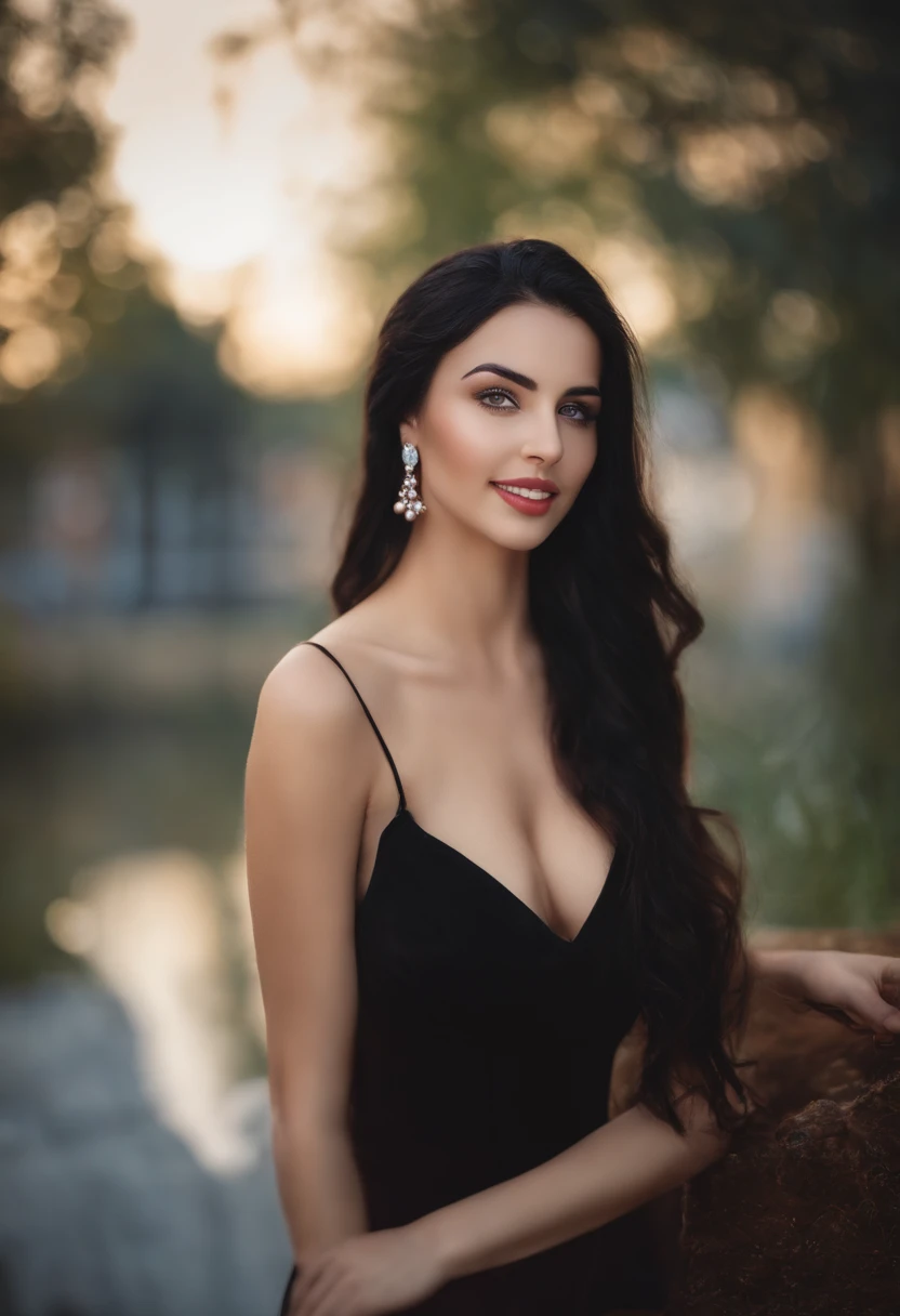 1girll,, black_Hair, Blurry, Blurry_Background, Blurry_foreground, Breasts, Blue_Eyes, Closed_Mouth, Depth_af_Field, Earrings, jewelry, Long_Hair, Looking_at_peeping at the viewer, Smile, alone, The upper part of the body_Body