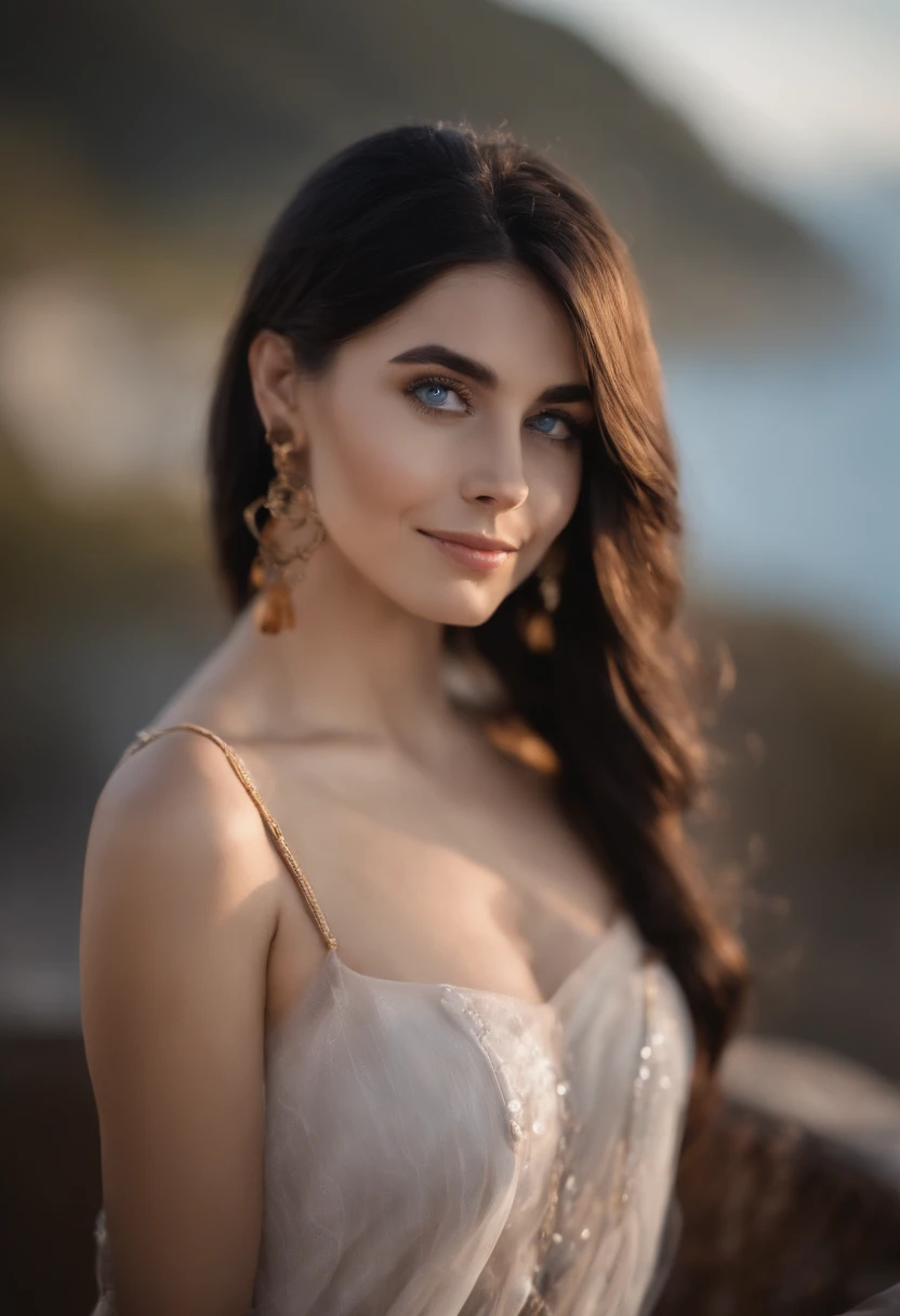 1girll,, black_Hair, Blurry, Blurry_Background, Blurry_foreground, Breasts, Blue_Eyes, Closed_Mouth, Depth_af_Field, Earrings, jewelry, Long_Hair, Looking_at_peeping at the viewer, Smile, alone, The upper part of the body_Body