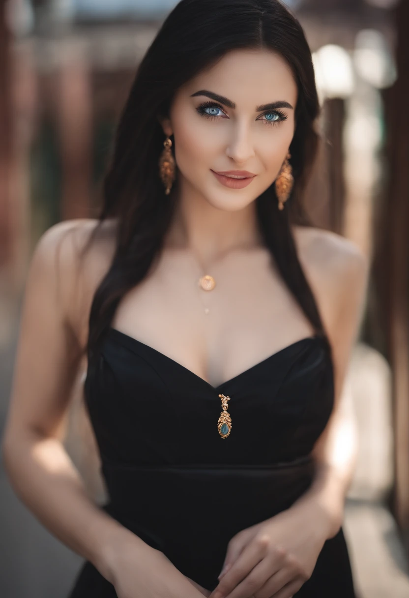 1girll,, black_Hair, Blurry, Blurry_Background, Blurry_foreground, Breasts, Blue_Eyes, Closed_Mouth, Depth_af_Field, Earrings, jewelry, Long_Hair, Looking_at_peeping at the viewer, Smile, alone, The upper part of the body_Body